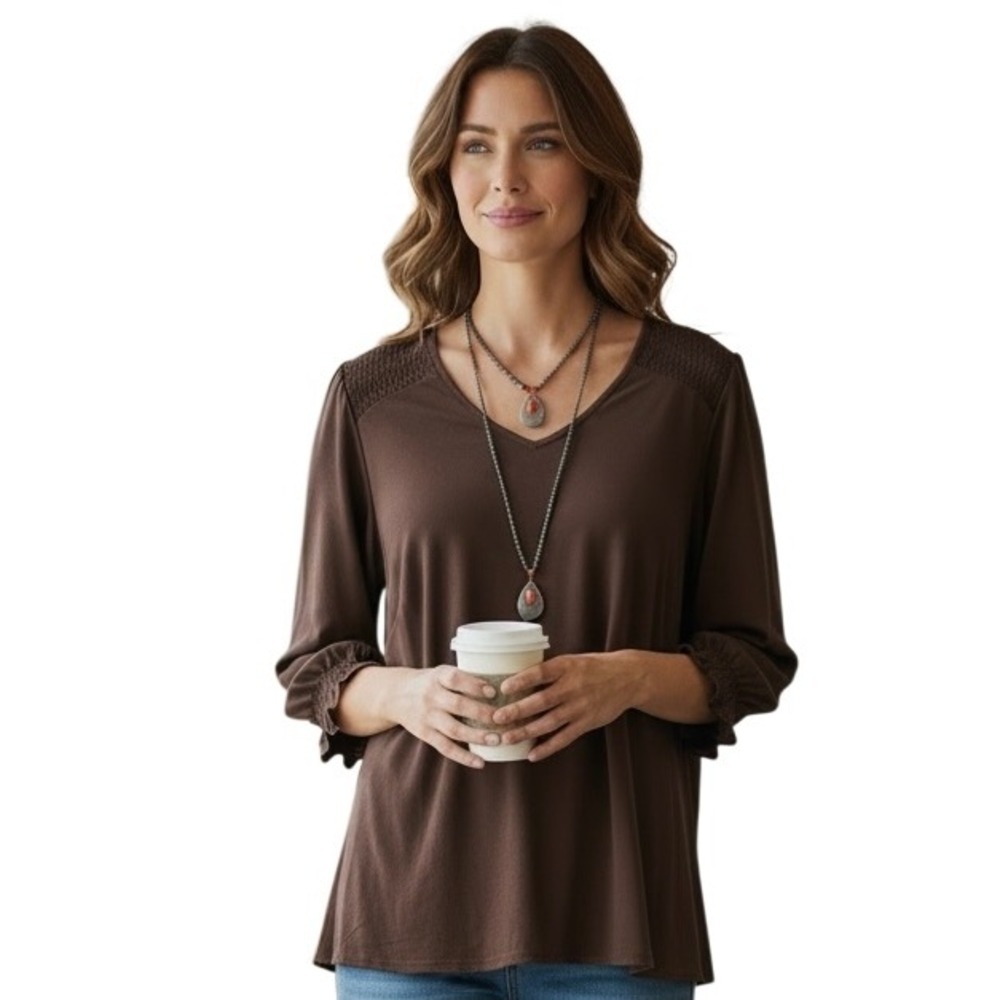 Adrianna Papell Women Brown Smocked Sleeve V-Neck Blouse Top 1X Career Capsule